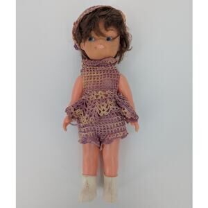 Vintage Doll with Crocheted Outfit & Boots 11" Poseable Arms Legs Purple Dress